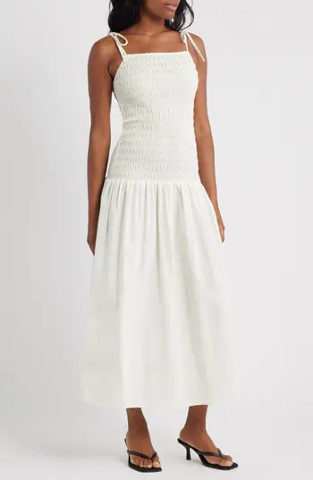 Topshop Shirred Linen Midi Sundress in Ivory at Nordstrom Rack, Size 18 | Nordstrom Rack