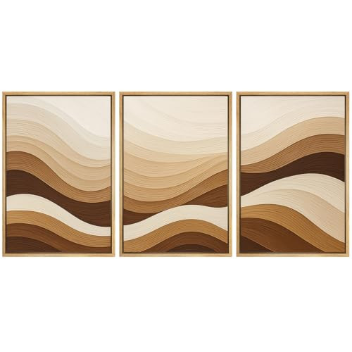 SIGNFORD Framed Canvas Print Wall Art Set Minimalist Brown Wave Pattern Illustrations Modern Art Relax/Calm for Living Room, Bedroom, Office - 24"x36"x3 NATURAL | Amazon (US)