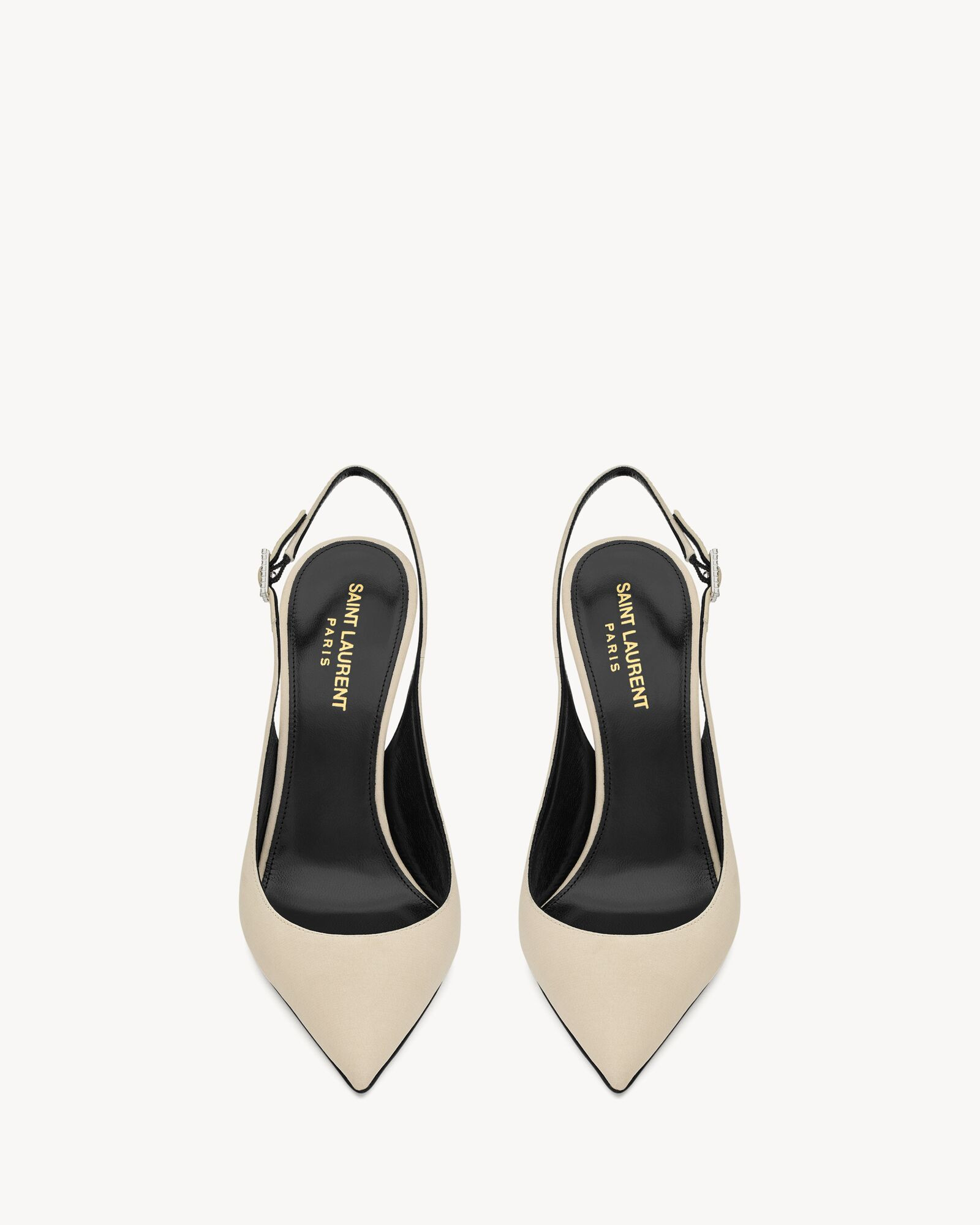 Pointed-toe pumps with a rhinestone buckle slingback strap, covered stiletto heel and low-cut vam... | Saint Laurent Inc. (Global)