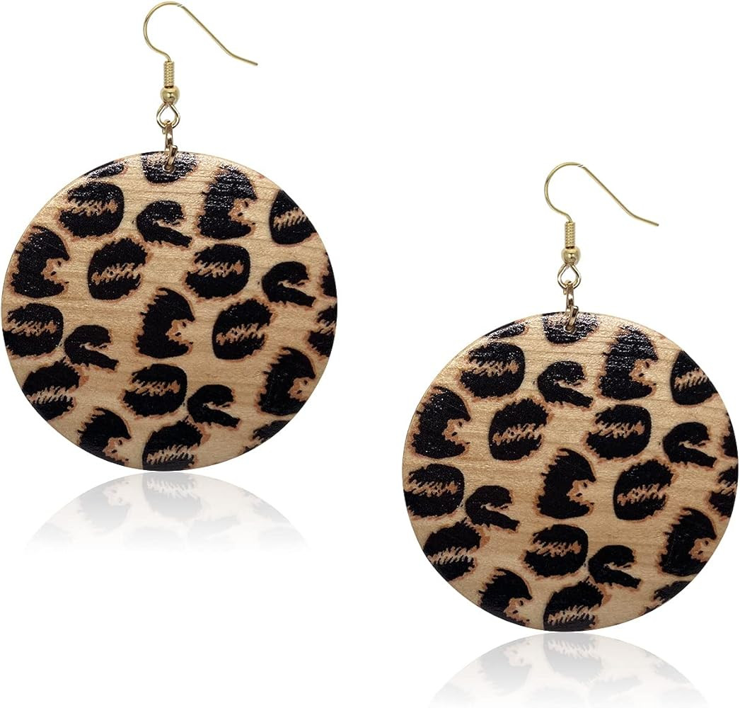 Leopard Print Lightweight Wood Dangle Earrings Retro Geometric Earrings Hoop Earrings African Eth... | Amazon (US)
