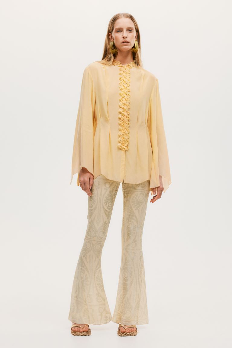 Bead-detail Crinkled Pants - High waist - Long - Vanilla/patterned - Ladies | H&M US | H&M (US + CA)