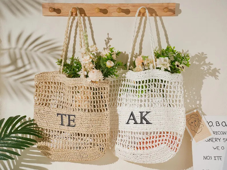 Personalized Beach Tote Bag,Custom initials handle bag,Beach straw bag,Girls travel tote bag,Embr... | Etsy (US)