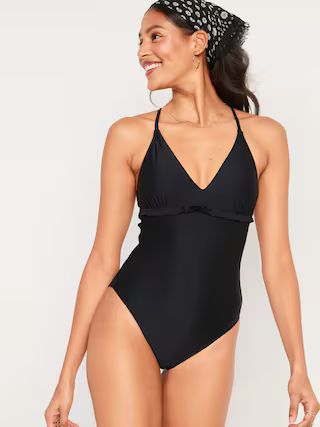 V-Neck Ruffle-Trim Cutout One-Piece Swimsuit for Women | Old Navy (US)