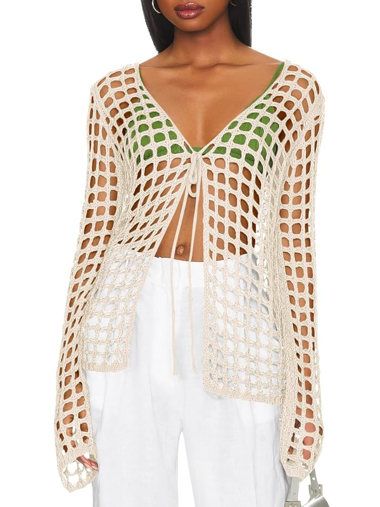 Saodimallsu Womens Long Sleeve Swimsuit Coverup Crochet Hollow Out Tie Front Swim Cover Up Knit C... | Amazon (US)