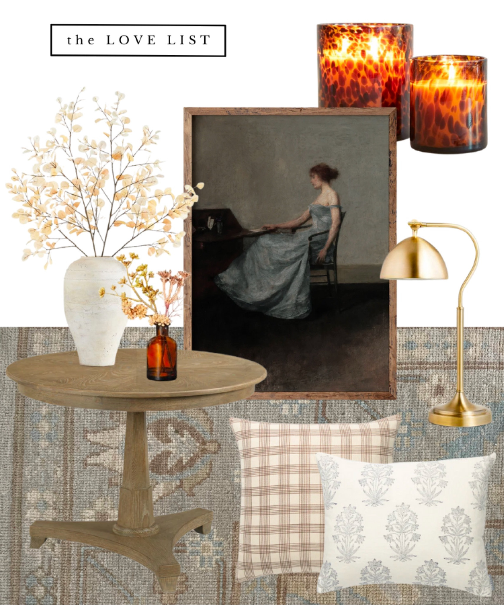 Welcome the cooler days of fall with fall decor in hues of slate grey, warm cream, and lush amber. Faux branches and amber glass displayed atop a wood pedestal table and Oushak rug. A moody vintage portrait print, tortoise glass candles, brass table lamp, and plaid and block print pillows bring texture and muted color. #falldecor #fallhomedecor #homedecor #vintage #RRLoveList



#LTKunder50 #LTKSeasonal #LTKhome
