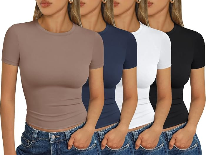 Trendy Queen Womens 4 Pack Basic T Shirts Short Sleeve Workout Tops Crop Cute Tees Compression Ca... | Amazon (US)