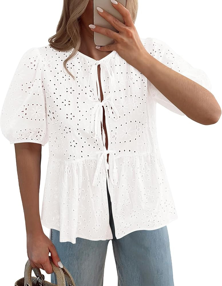 KIRUNDO Peplum Tops for Women 2026 Summer Eyelet Tie Front Blouses Casual Short Lantern Sleeve Cu... | Amazon (US)