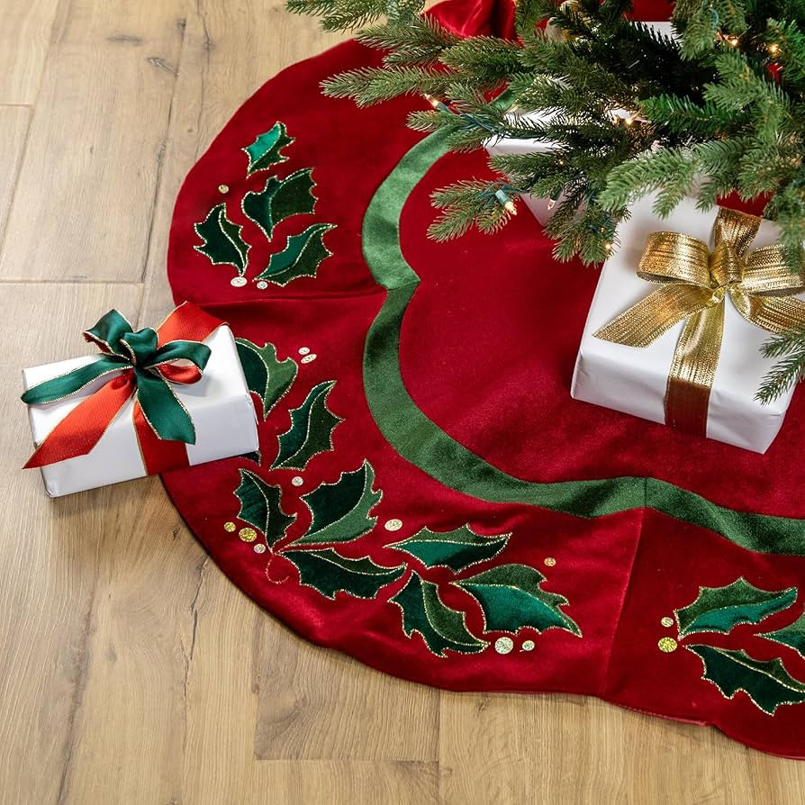Northlight Embroidered Metallic Holly Scalloped Velvet Christmas Tree Skirt, 48", Red and Green | Amazon (US)