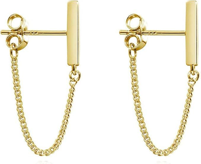 Amazon.com: Reffeer 925 Sterling Silver Bar Chain Earrings Dangle for Women Girls Gold Bar Dangle... | Amazon (US)