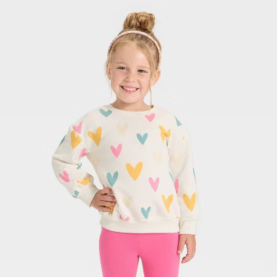 Toddler Girls' Hearts Fleece Pullover Sweatshirt - Cat & Jack™ Cream 4T | Target