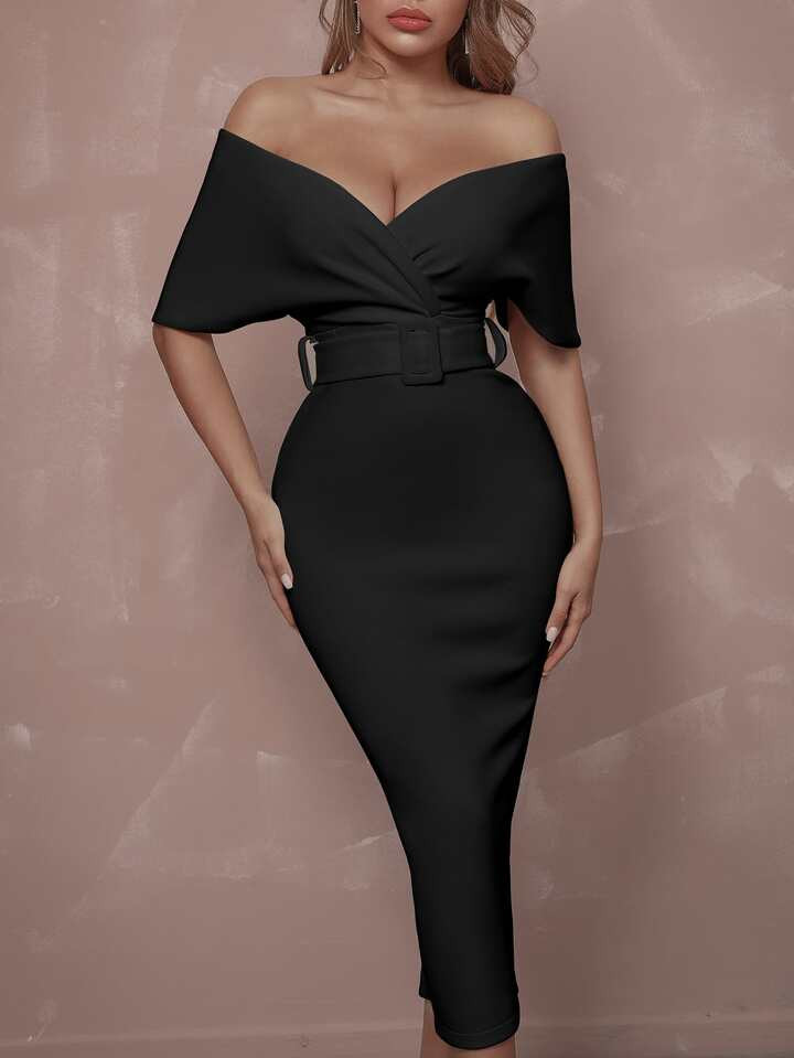 ADYCE Surplice Neck Off Shoulder Backless Front Buckle Belted Cocktail Party Dress | SHEIN
