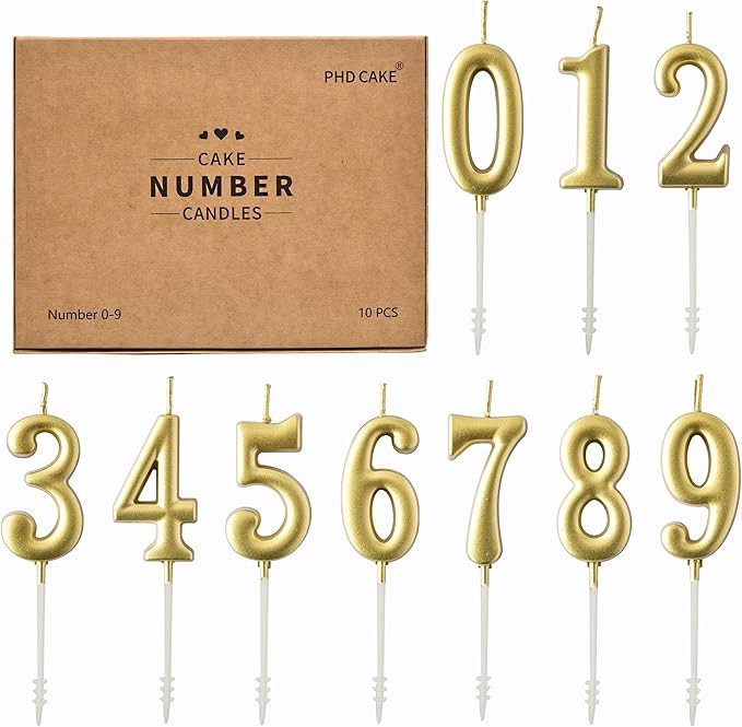 PHD CAKE 10-Pieces Gold Numeral Birthday Candles, Cake Numeral Candles Number 0-9 Glitter Cake To... | Amazon (US)
