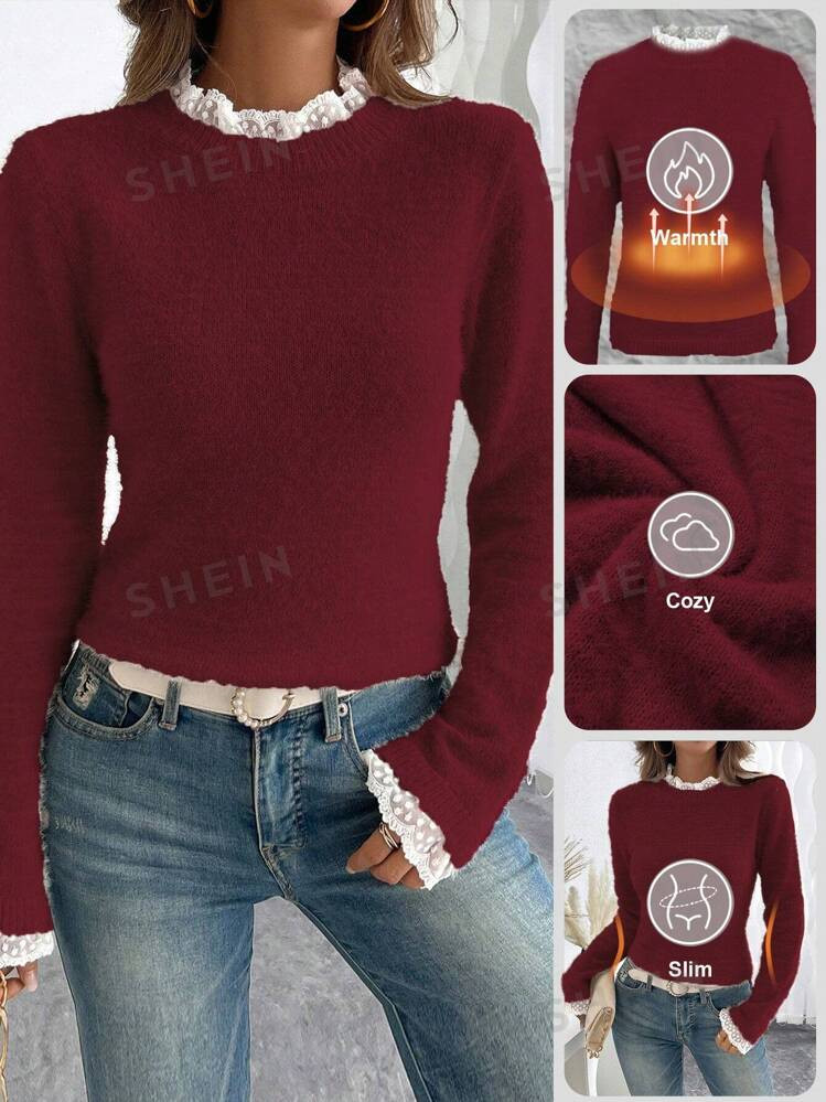 SHEIN Franclia Trendy Sweet Lace Collar 3D Soft Fluffy Pullover Sweater, Versatile European Style... | SHEIN