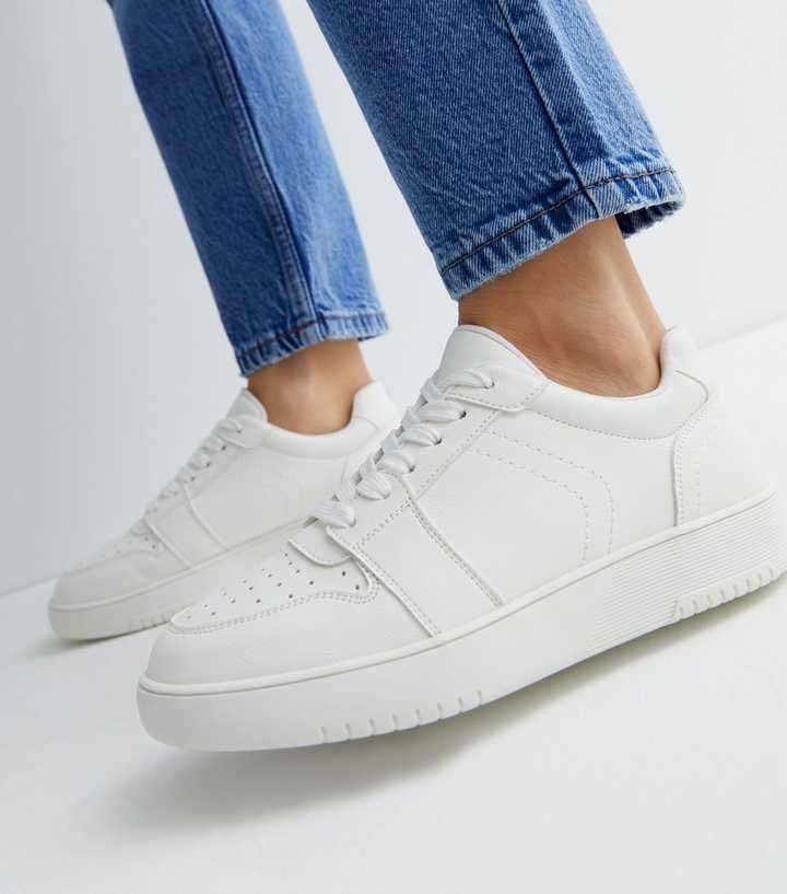 White Leather-Look Perforated Lace Up Chunky Trainers
						
						Add to Saved Items
						Remov... | New Look (UK)