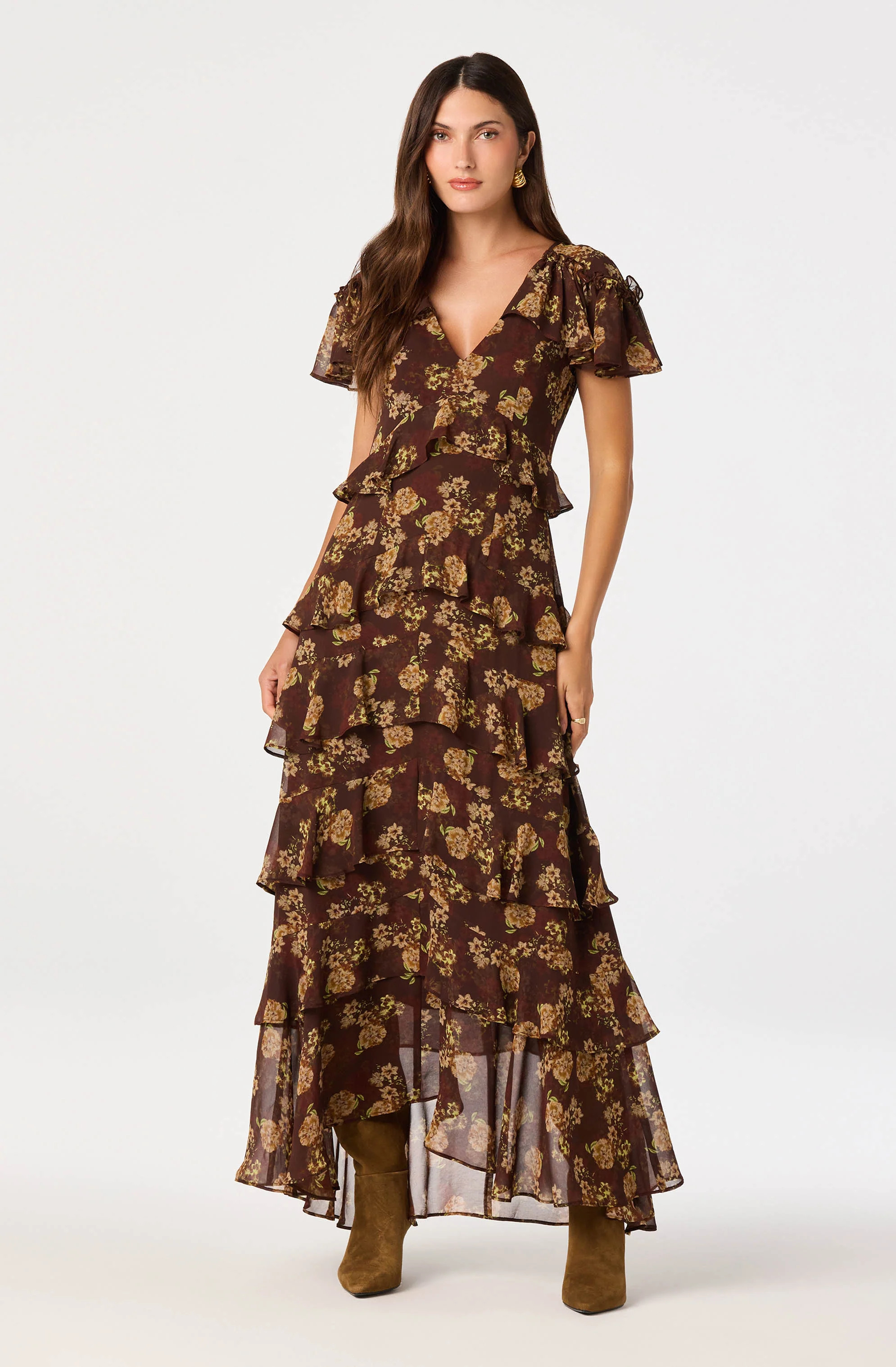Odalys Flutter Sleeve Maxi Dress - Brown floral / XS | ASTR The Label (US)