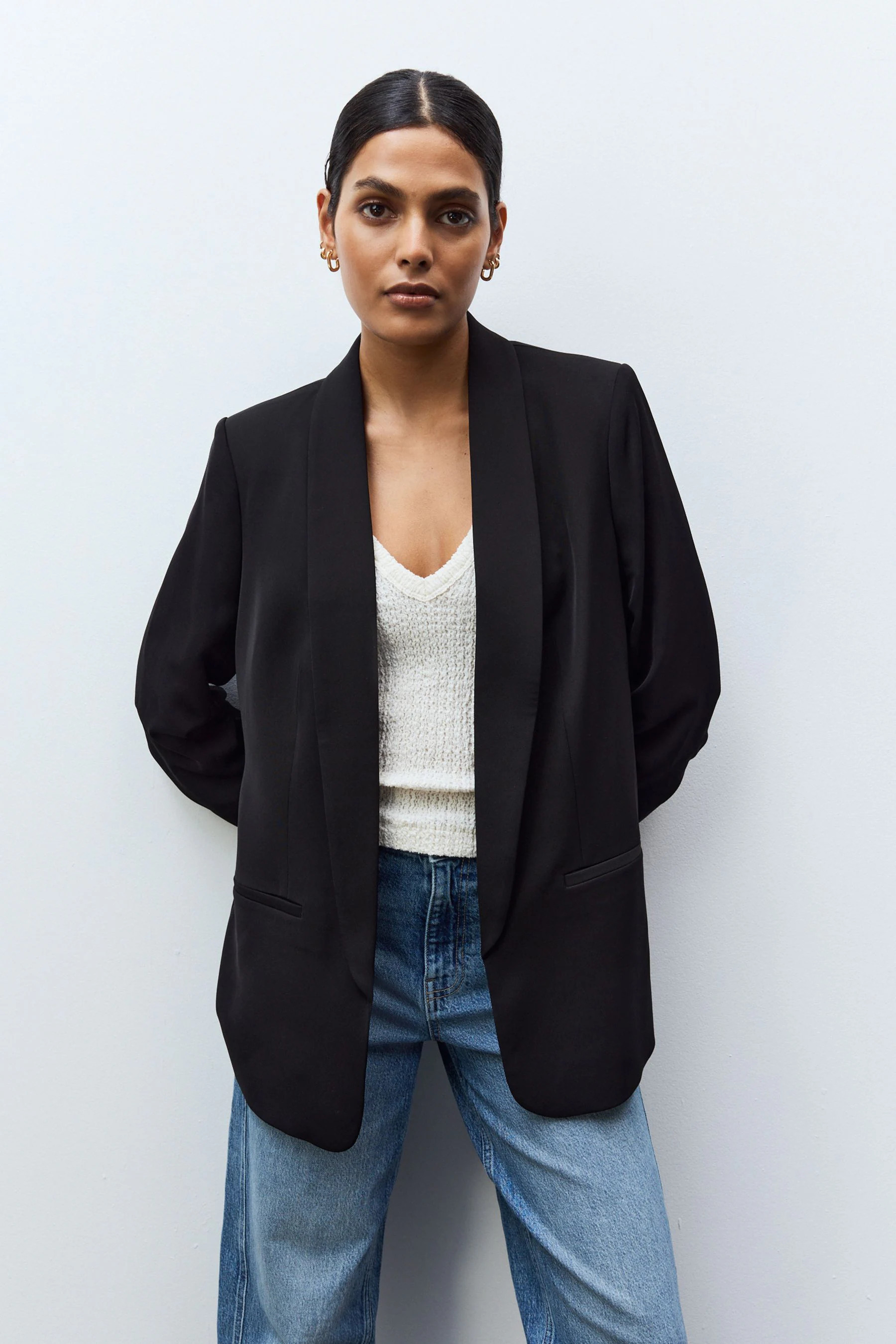 Womens Next Black Relaxed Ruched Sleeve Blazer - Black | Next AU
