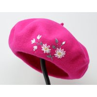 Unique Hand Embroidered White Daisy Hot Pink Beret Cap, Warm Winter French Hat, Handmade Flower Hat | Etsy (US)