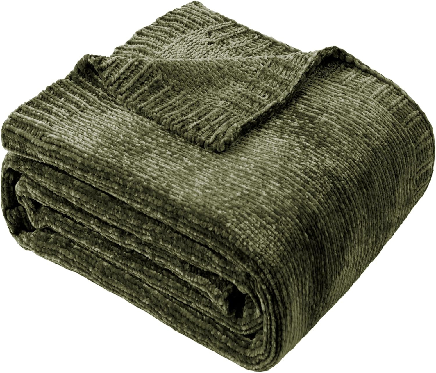 Olive Green Chenille Throw Blanket for Couch, Cozy Knit Throw Blanket 51x67 | Amazon (US)