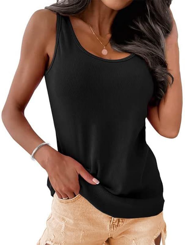 KKJ Womens Scoop Neck Tank Tops Ribbed Solid Color Summer Sleeveless Basic Cami Shirts | Amazon (US)