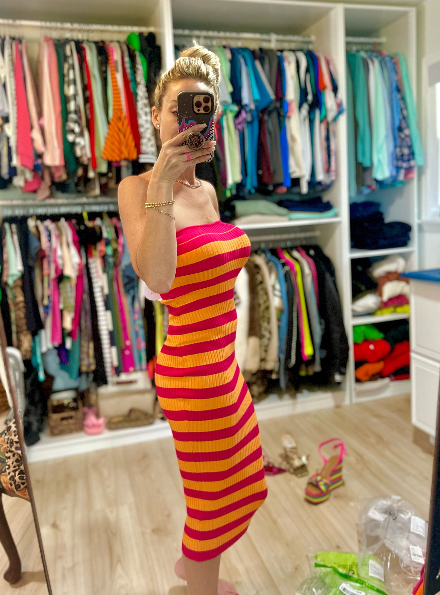 lesley ribbed strapless dress in pink & orange Pink & Orange Strapless Babydoll Dress - The Colette