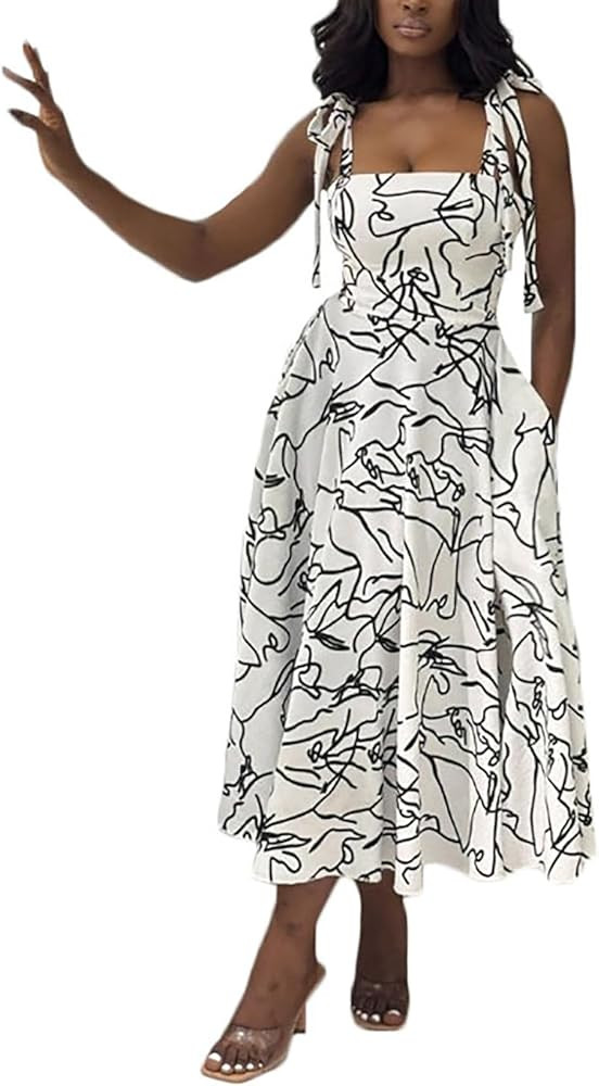 WOKANSE Summer Dresses for Women 2025 Elegant Tie Strap Square Neck Sleeveless Printed Flowy A Li... | Amazon (US)