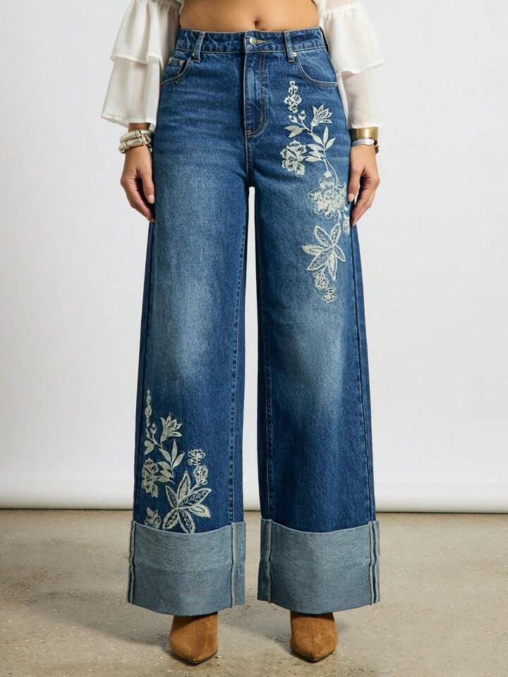 AiiRZ Jeans de pierna ancha lavados enrollados con bordado | SHEIN