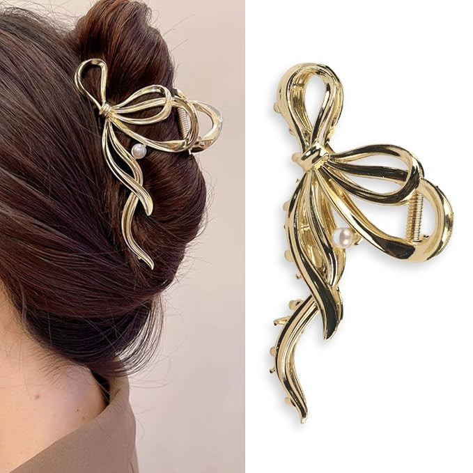 Metal Bow Hair Clips Bow Hair Claw Clips with Pearl Large Bowknot Claw Clip Strong Hold Nonslip H... | Amazon (US)