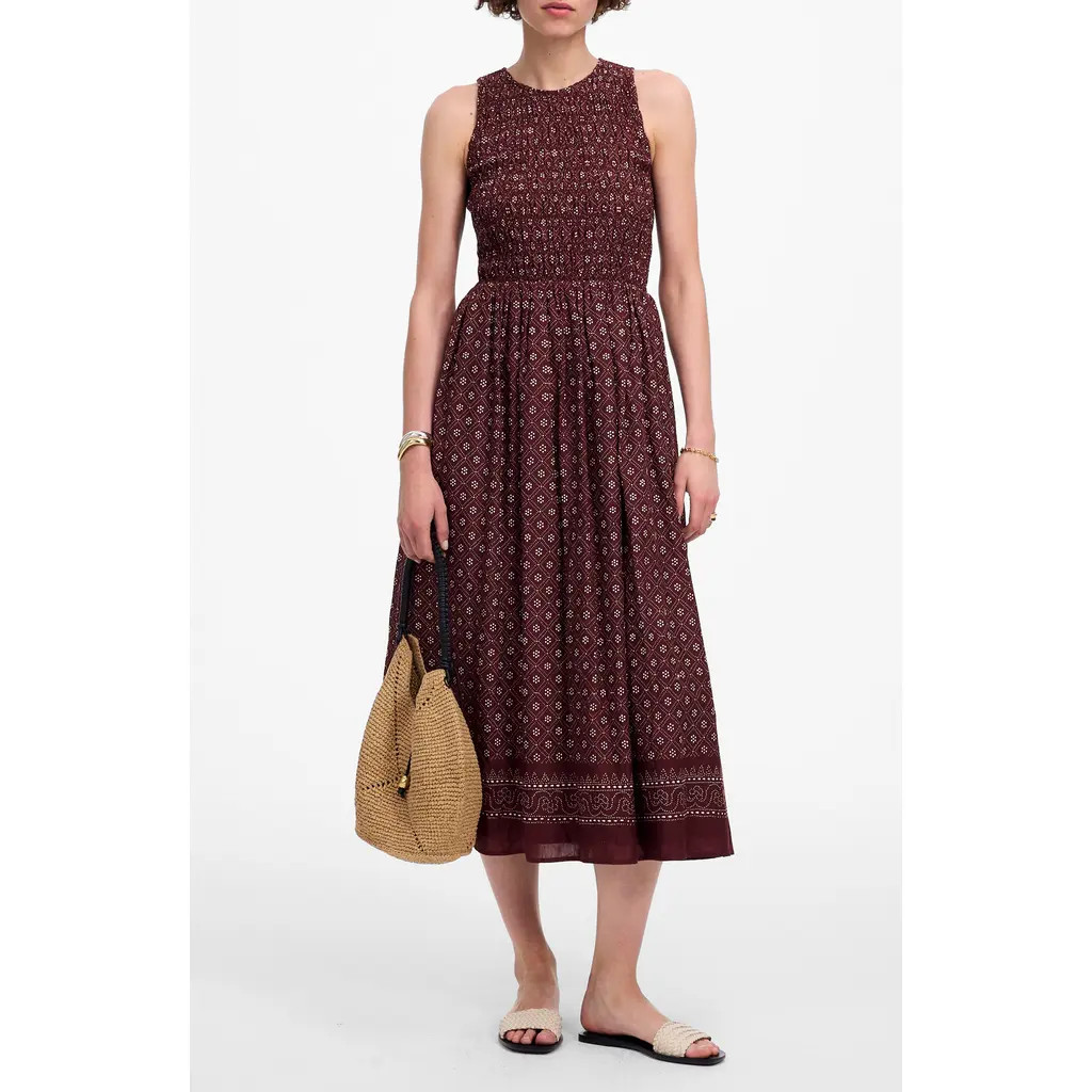 Madewell The Melody Smocked Cotton Midi Dress in Daisy Print in Dusty Plum at Nordstrom, Size Medium | Nordstrom
