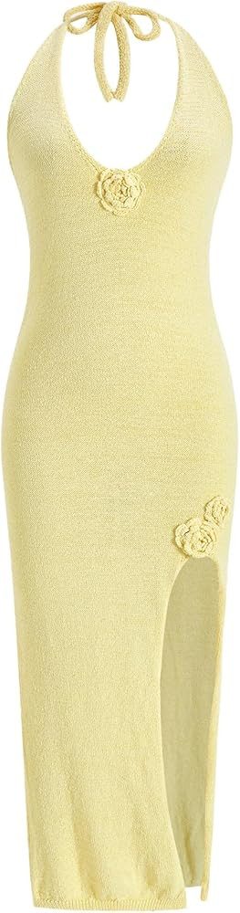 Women's 3D Floral Halter Maxi Dress Backless Slit Bodycon Knit Party Dresses Beach Vacation Cloth... | Amazon (US)