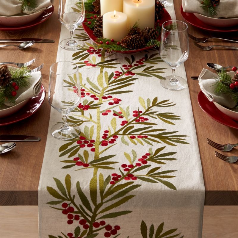 Holly Embroidered Table Runner | Crate and Barrel | Crate & Barrel