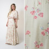 70S Boho Dress Vintage Bridesmaid Gown Ruffle Pink Cream Floral Print Full Sweep Maxi Formal 70 Wedd | Etsy (US)