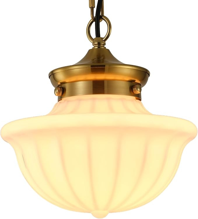 Gold Schoolhouse Pendant Light, 8" Vintage Pendant with Fluted Milk Glass, Adjustable Hanging Fix... | Amazon (US)