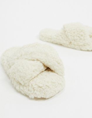 ASOS DESIGN Neve cross strap slider slippers in cream borg | ASOS (Global)