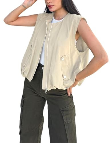 Bgylu Women's Casual Zip Up Cargo Vest Cropped Sleeveless Ruched Hem Blazer Jackets Tops with Pockets (Khaki-S) | Amazon (US)