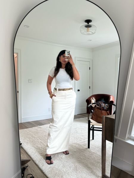 Maxi skirt outfit, white maxi skirt, denim maxi skirt, snake print belt 

#LTKsummer #LTKstyletip