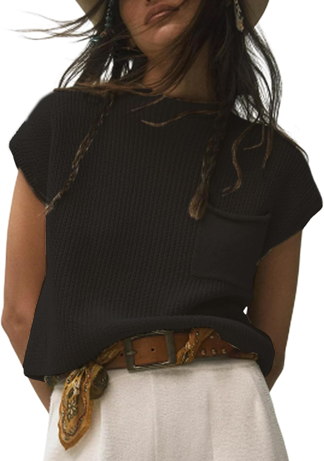 Himosyber Women's Solid Sleeveless Vest Mock Neck Cap Sleeve Knitwear Sweater Tops | Amazon (US)
