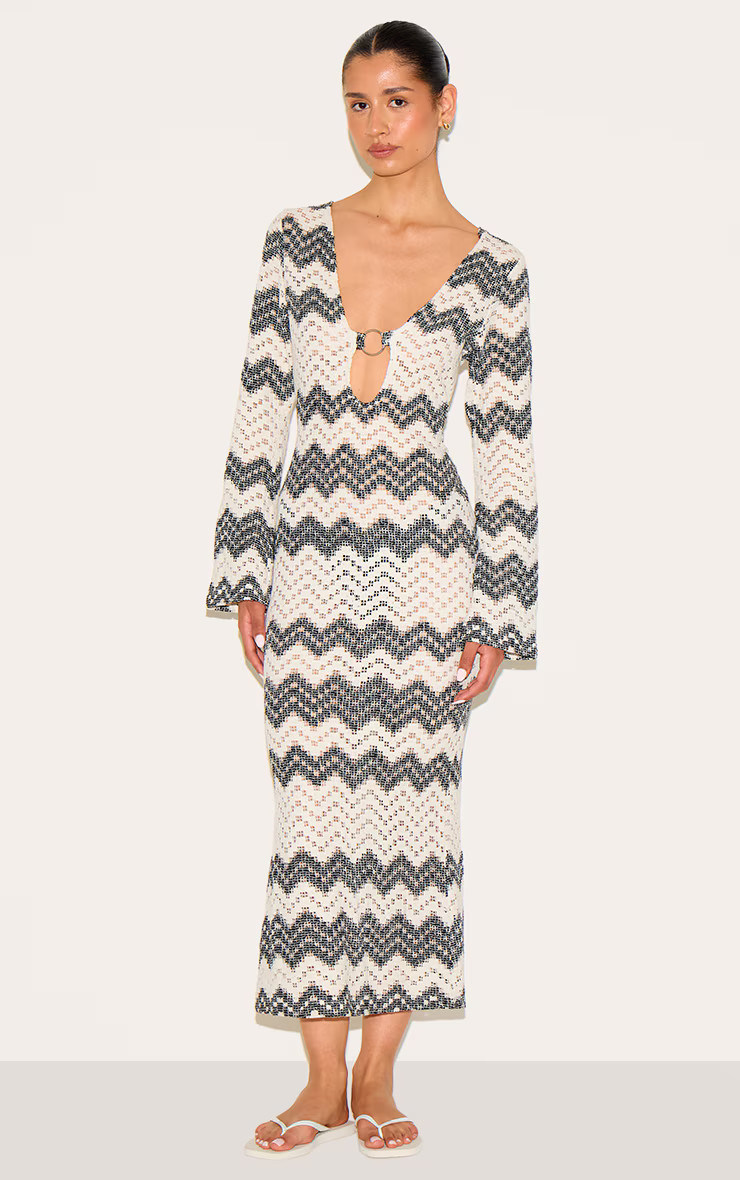 Tall Black Striped Plunge Neck Fitted Midaxi Dress | PrettyLittleThing US