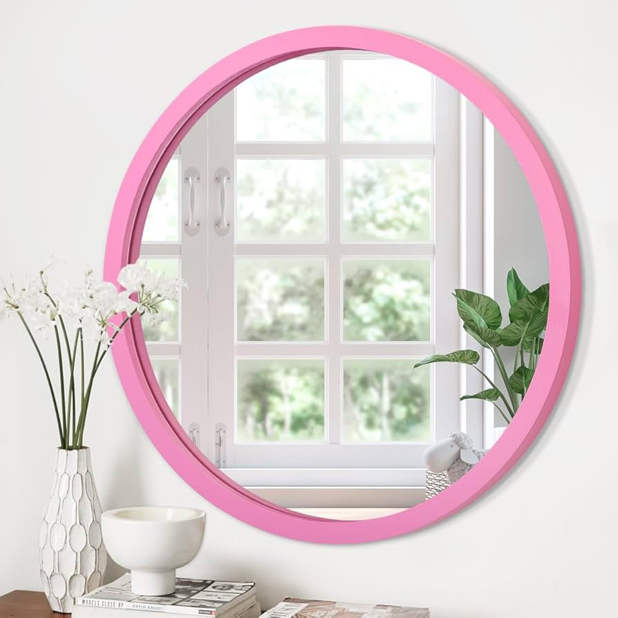 Round Wall Mirror 20", Hanging Circle Mirror Round Rose Mirror for Bathroom Wooden Farmhouse Fram... | Amazon (US)