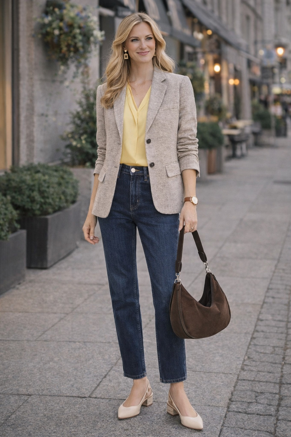 Beige blazer yellow top denim jeans and sling backs spring summer outfits

#LTKstyletip #LTKspring #LTKeurope
