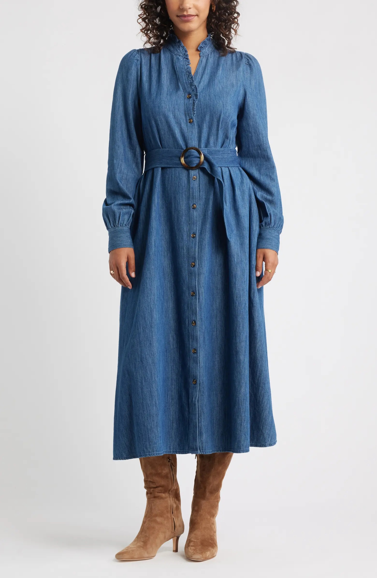 Caslon® Belted Ruffle Long Sleeve Denim Shirtdress | Nordstrom | Nordstrom