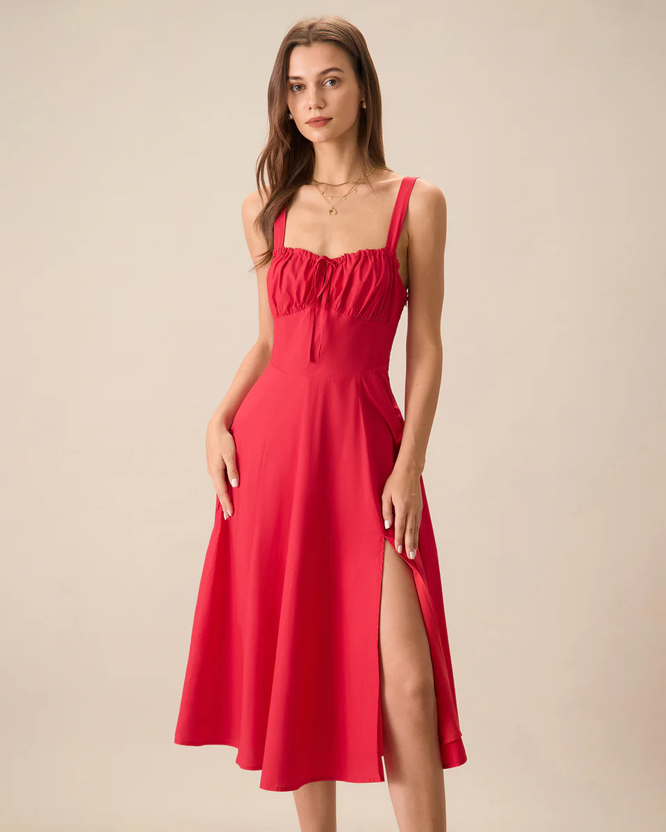 Women's Red Square Neck Ruched Slip Midi Dress | rihoas.com