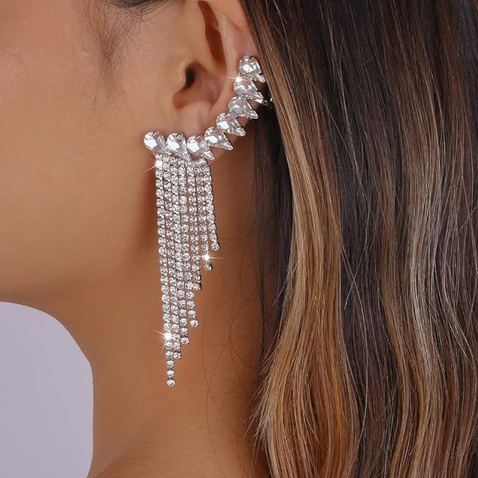 Denifery Long Tassel Dangle Earring Geometry Rhinestone Earrings Sparkling Crystal Drop Earrings ... | Amazon (US)