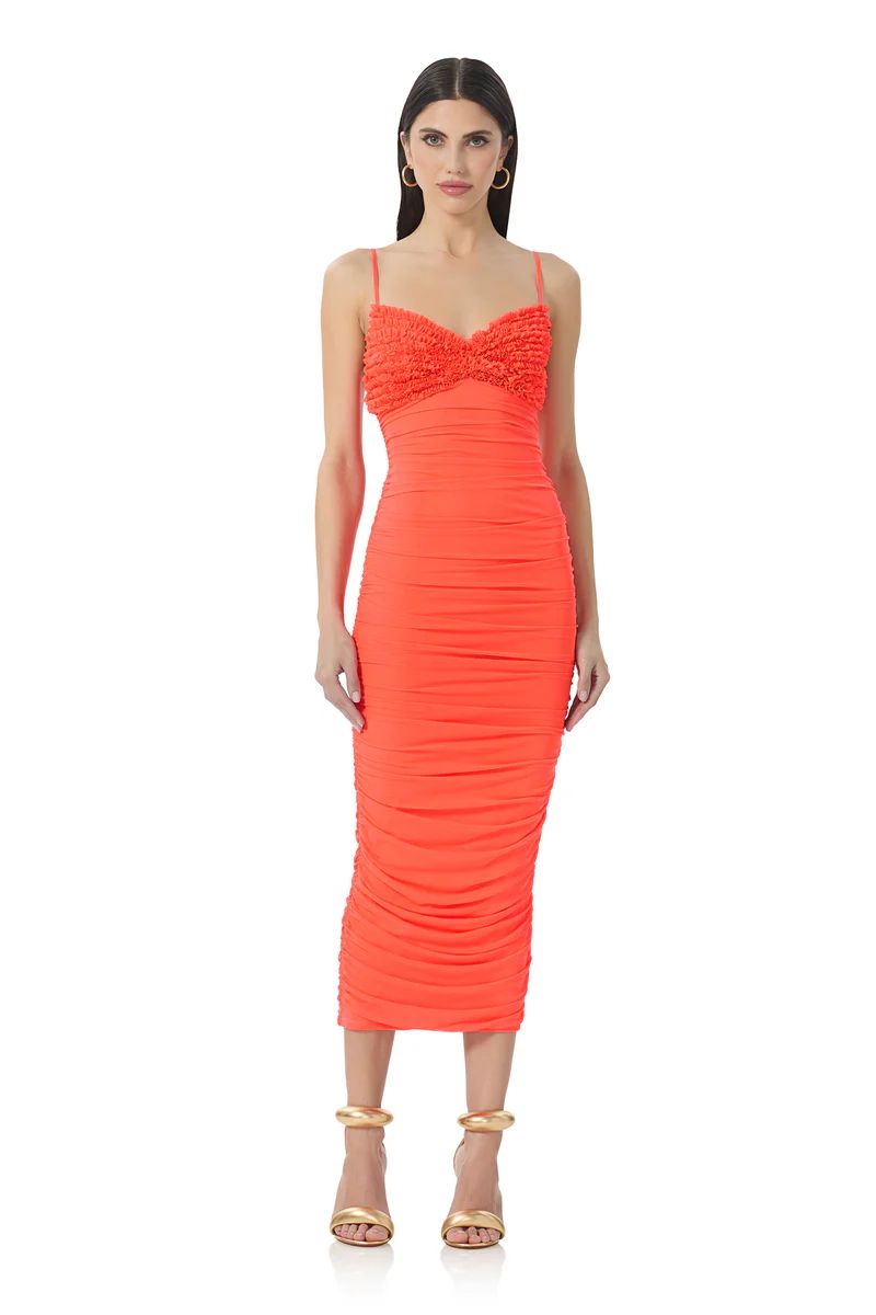 Milena Ruffle Midi Dress - Fiery Coral | ShopAFRM