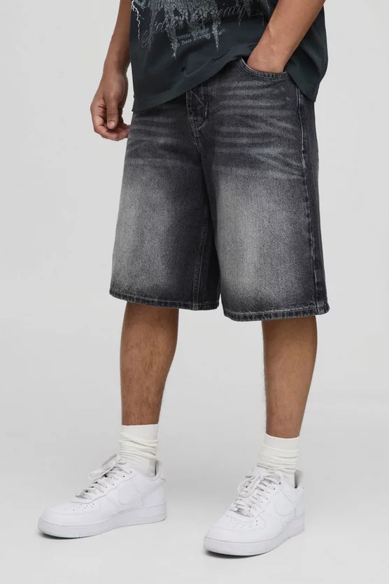 Regular Fit Charcoal Washed Denim Jorts | boohooMAN (US & Canada)