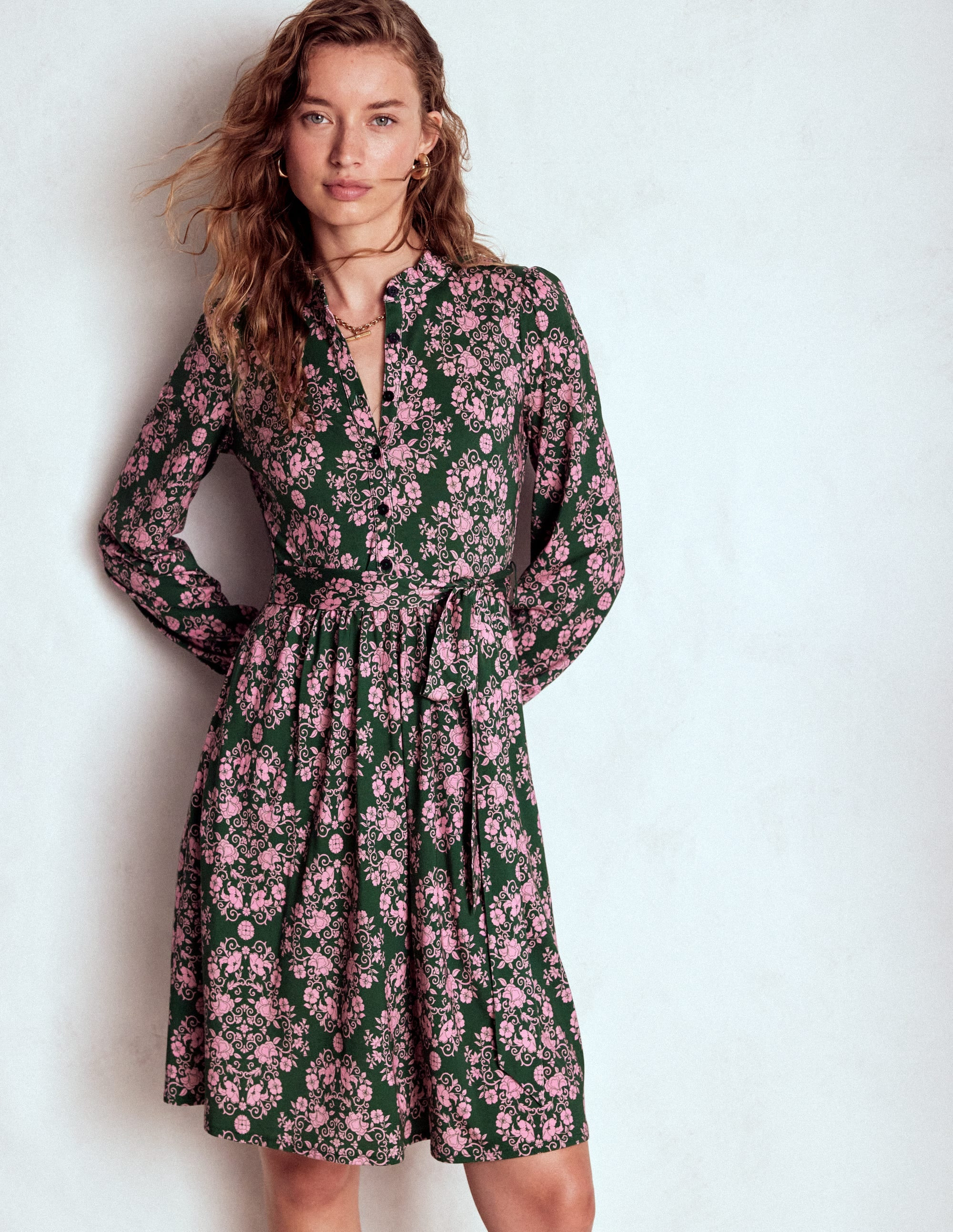 Willow Ruffle Neck Shirt Dress-Green, Ornamental Lattice | Boden (US)