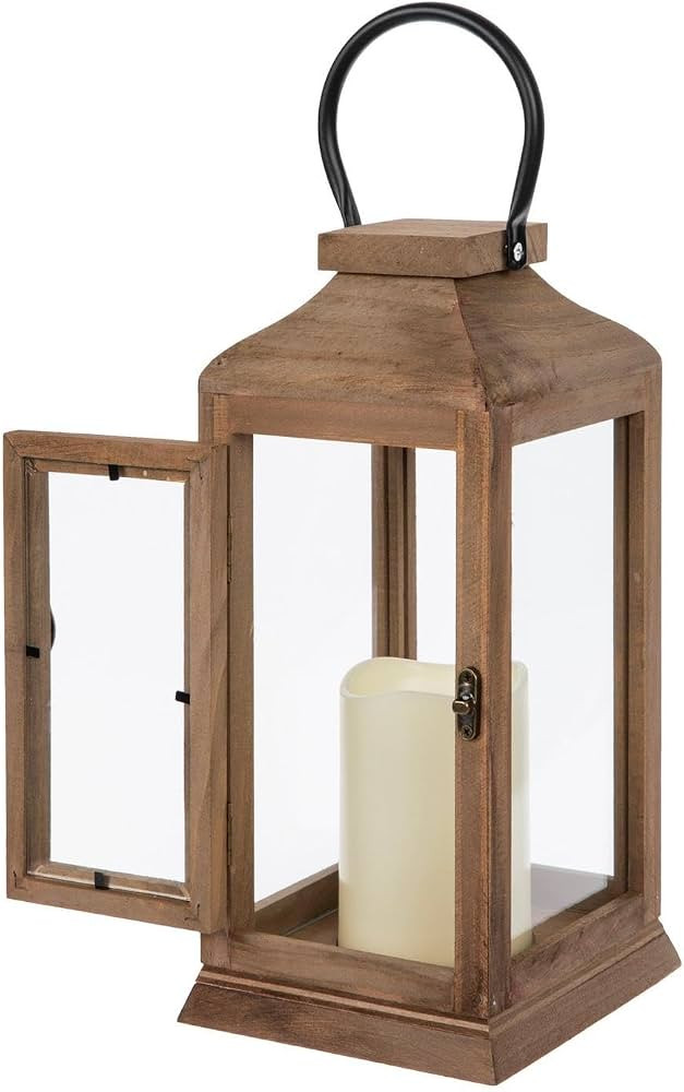 Hobby Lobby Wood Lantern with Glass Panels, 15.25H x 5.66W inches, Modern Farmhouse LED Battery O... | Amazon (US)