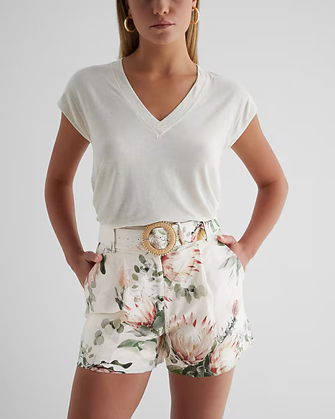 Stylist Super High Waisted Linen-Blend Floral Belted Shorts | Express