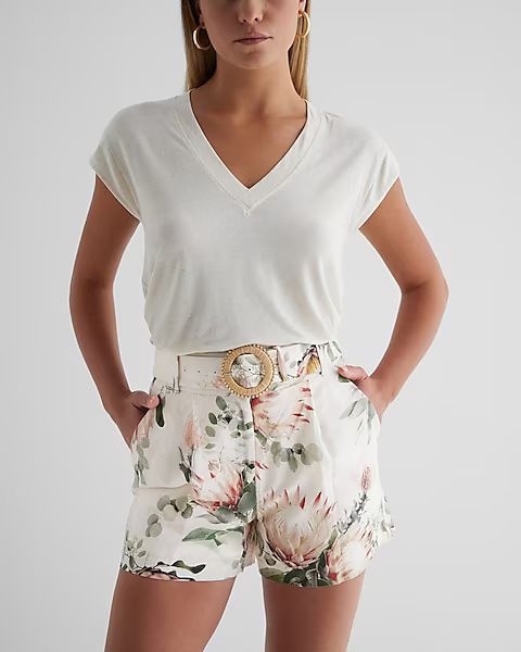 Stylist Super High Waisted Linen-Blend Floral Belted Shorts | Express