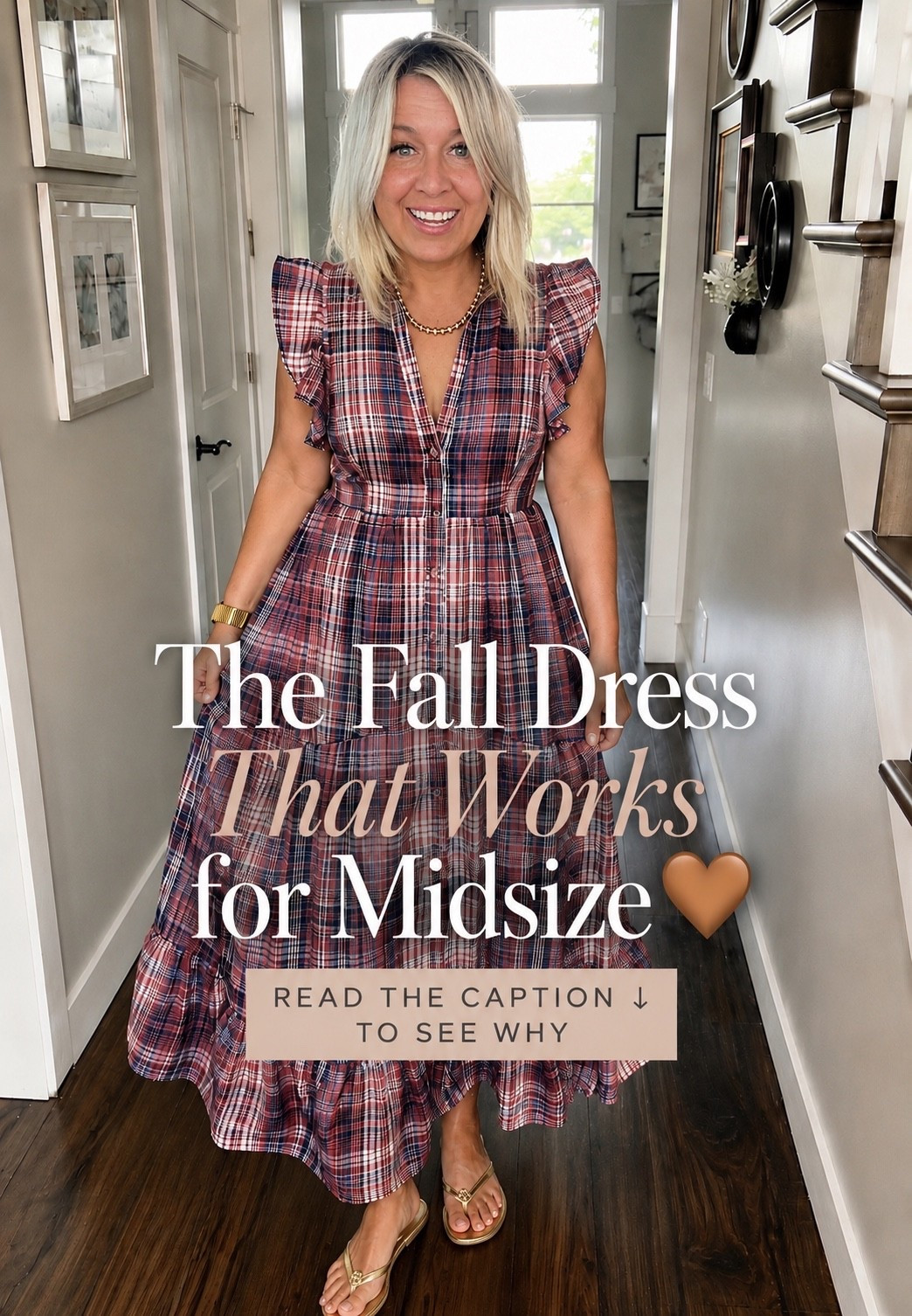 Why does this dress work so well on a midsize figure? 🍂🤎

It’s all in the details. The V-neckline draws the eye vertically, while the defined waist creates shape without clinging to the stomach. The slightly structured flutter sleeves balance the hips and add interest up top, and that flowy tiered skirt skims instead of hugging.

And at 5’6”, I love that the longer length gives you that beautiful elongated look while still working with a simple flat sandal.

For those of us over 50, it’s also proof that you don’t have to choose between flattering and fun. The plaid feels perfect for transitioning into fall, but the feminine silhouette keeps it from feeling heavy or frumpy.

Midsize fashion over 50 • flattering dresses for midsize women • fall dresses for women over 50 • size 14 outfit ideas • midsize fall fashion • flattering maxi dress • over 50 style • fall outfit inspiration