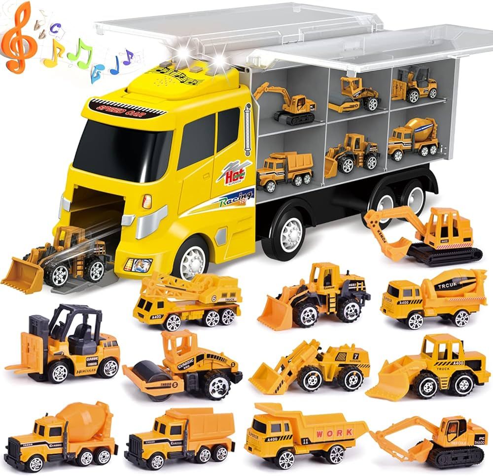 FUN LITTLE TOYS 12 in 1 Construction Trucks Toy Cars for Toddlers, Mini Cars in Carrier Truck Car... | Amazon (US)